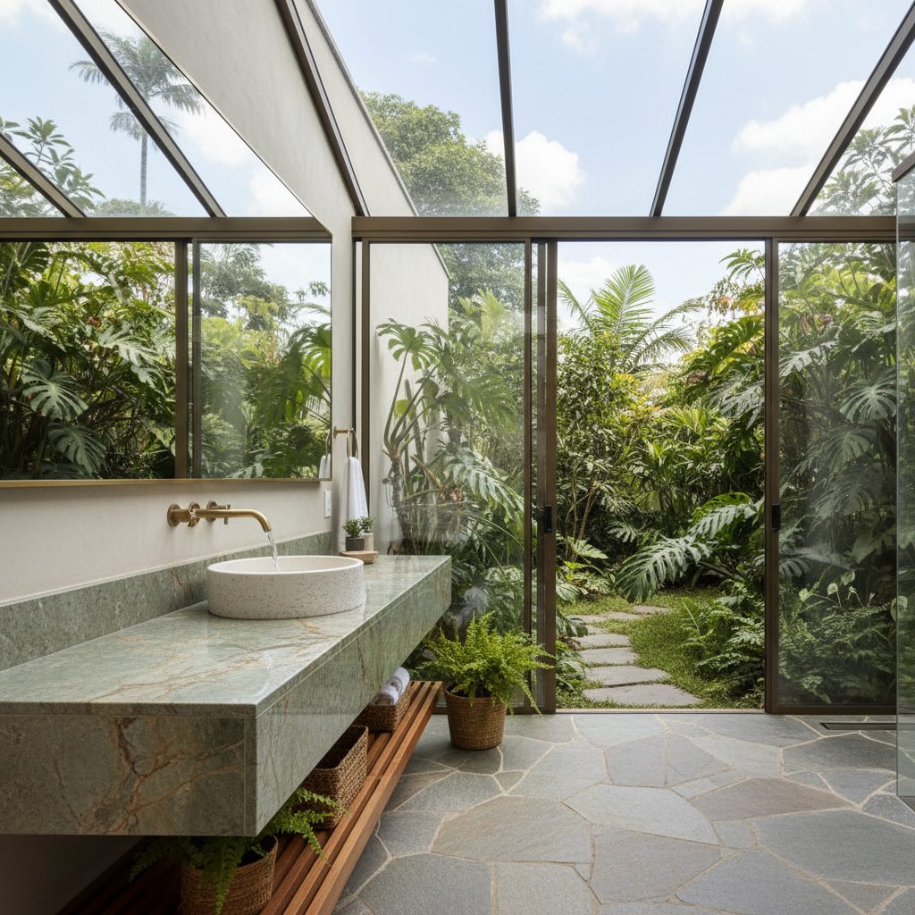 Bancada de banheiro moderna em porcelanato cinza claro com cuba de apoio branca e torneira de bica alta preta, espelho redondo e plantas ao fundo.