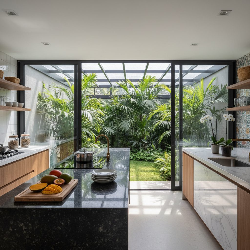 Close-up de três amostras de bancadas de cozinha: uma de granito preto polido, uma de quartzo branco com veios sutis e uma de porcelanato que imita mármore carrara, com foco nas texturas e nos detalhes de cada material. Ao fundo, uma cozinha moderna e iluminada.