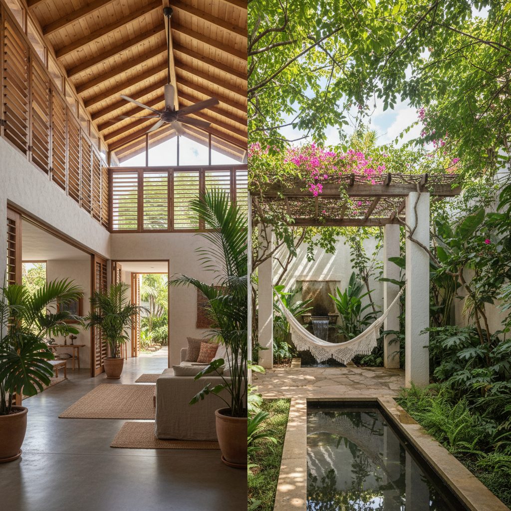 Foto de uma fachada de casa com brises de madeira, vegetação densa e um telhado claro, transmitindo uma sensação de frescor e bem-estar em um dia quente.