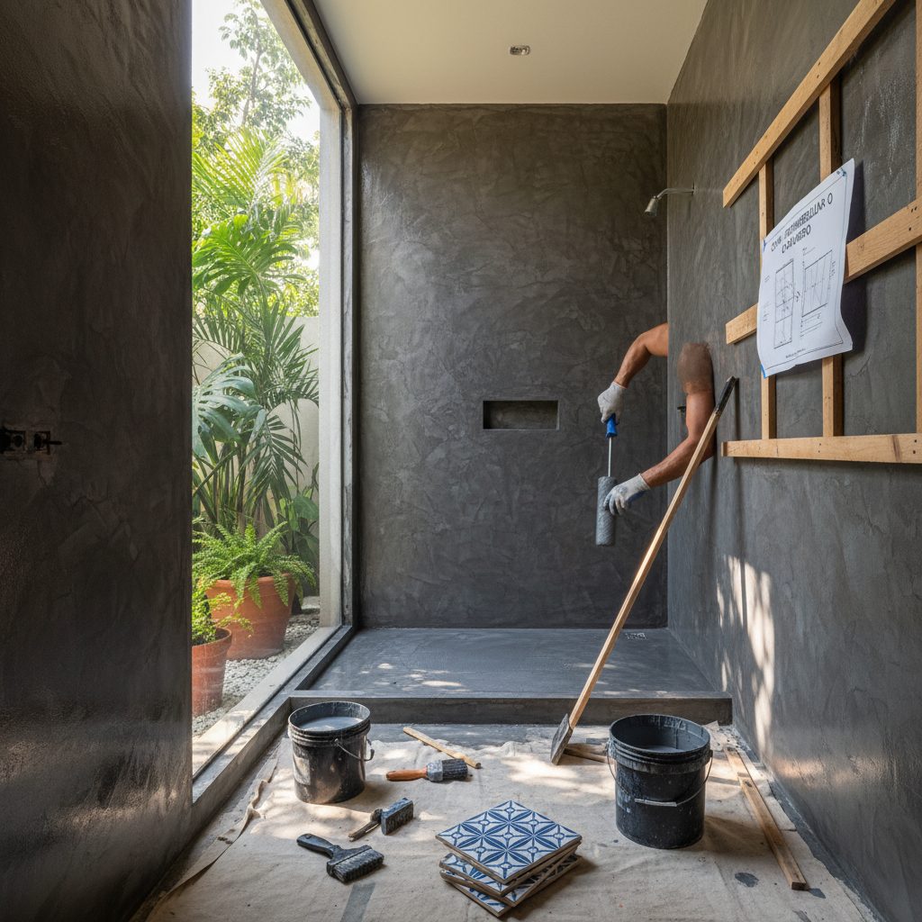 Mão de um profissional aplicando manta líquida impermeabilizante cinza em um canto do piso de um banheiro em obra, com ralos já tratados.