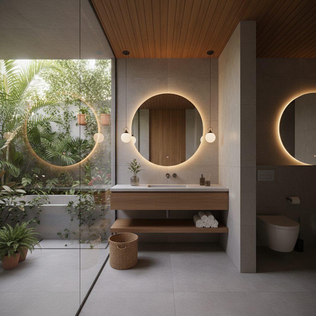 Duas arandelas modernas com luz difusa posicionadas verticalmente ao lado de um espelho de banheiro retangular sobre uma bancada de mármore claro.