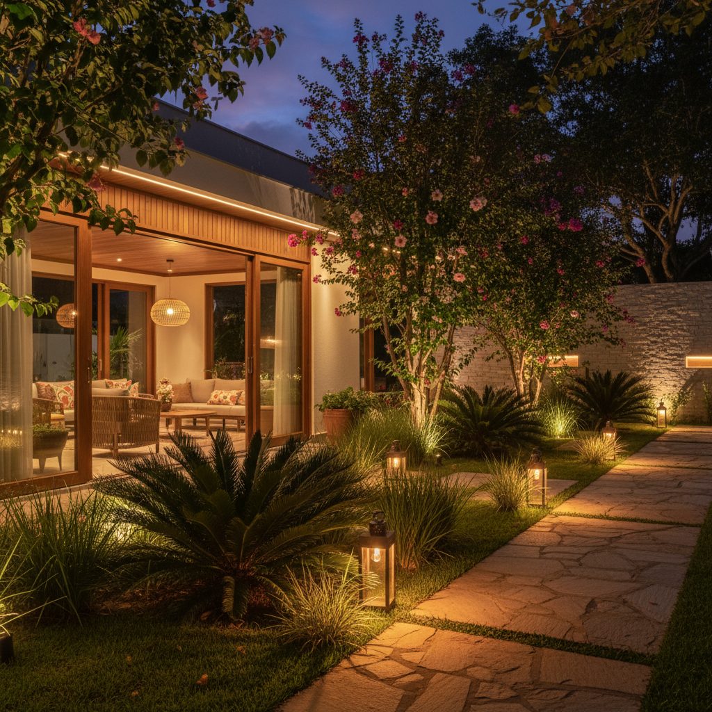 Iluminação de jardim: segurança e cenário à noite