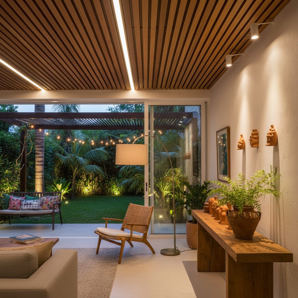 Sala de estar moderna com iluminação em camadas, mostrando luz geral difusa, spots direcionados para obras de arte e luminária de piso para leitura.