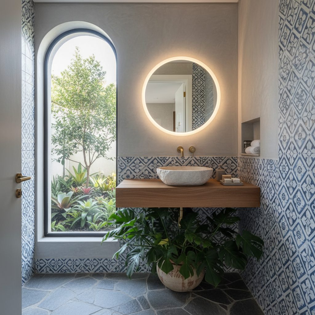 Lavabo pequeno e elegante com papel de parede texturizado, espelho iluminado e bancada com cuba esculpida em mármore claro.