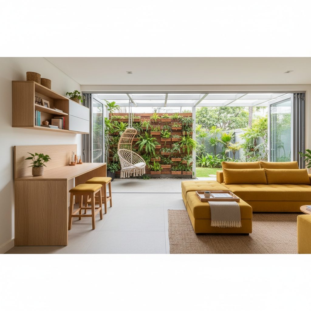 Cama box com baú aberta mostrando espaço de armazenamento, ao lado de uma mesa dobrável fixada na parede, em um apartamento decorado com móveis multifuncionais e cores claras.