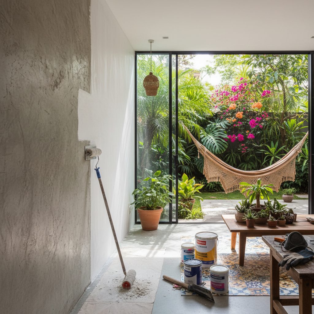 Paredes de uma casa sendo preparadas para pintura, com ferramentas como lixa, massa corrida e rolo, mostrando a atenção aos detalhes do preparo