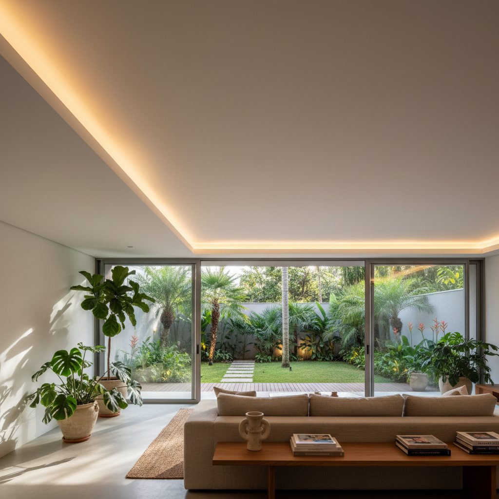 Sanca de gesso com luz indireta branca quente, iluminando o teto e criando um ambiente aconchegante em uma sala de estar moderna.