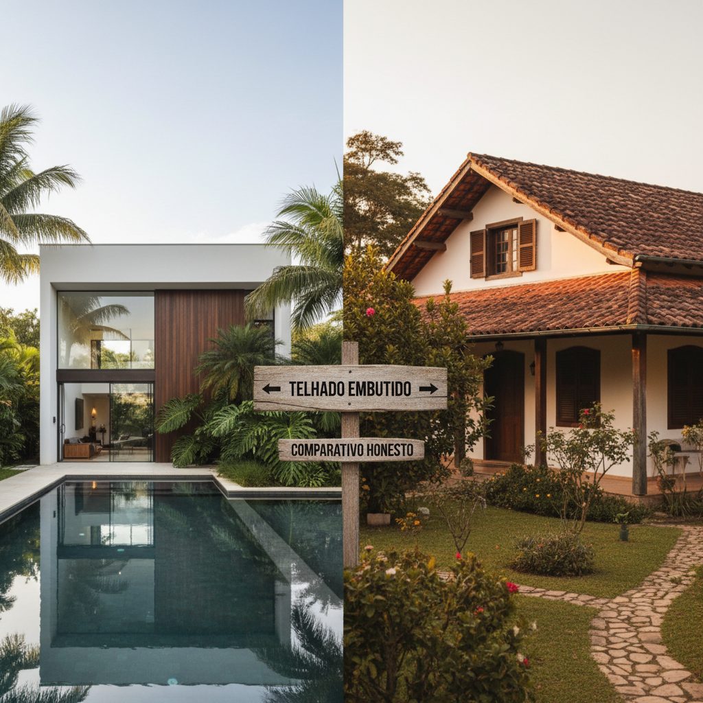 Comparativo entre casas com telhado aparente de telhas cerâmicas e casa moderna com telhado embutido e platibanda