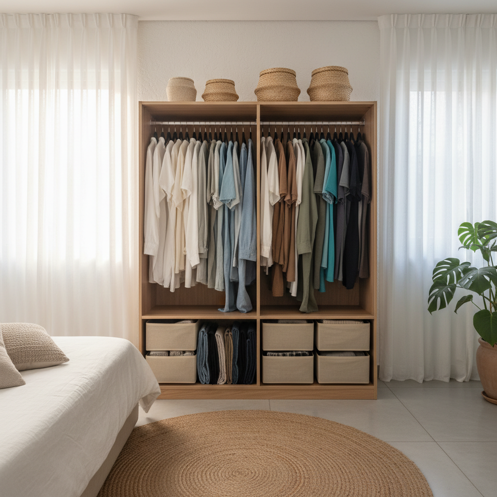 Guarda-roupa perfeitamente organizado com cabides padronizados, roupas dispostas por graduação de cor e gavetas com colmeias organizadoras.