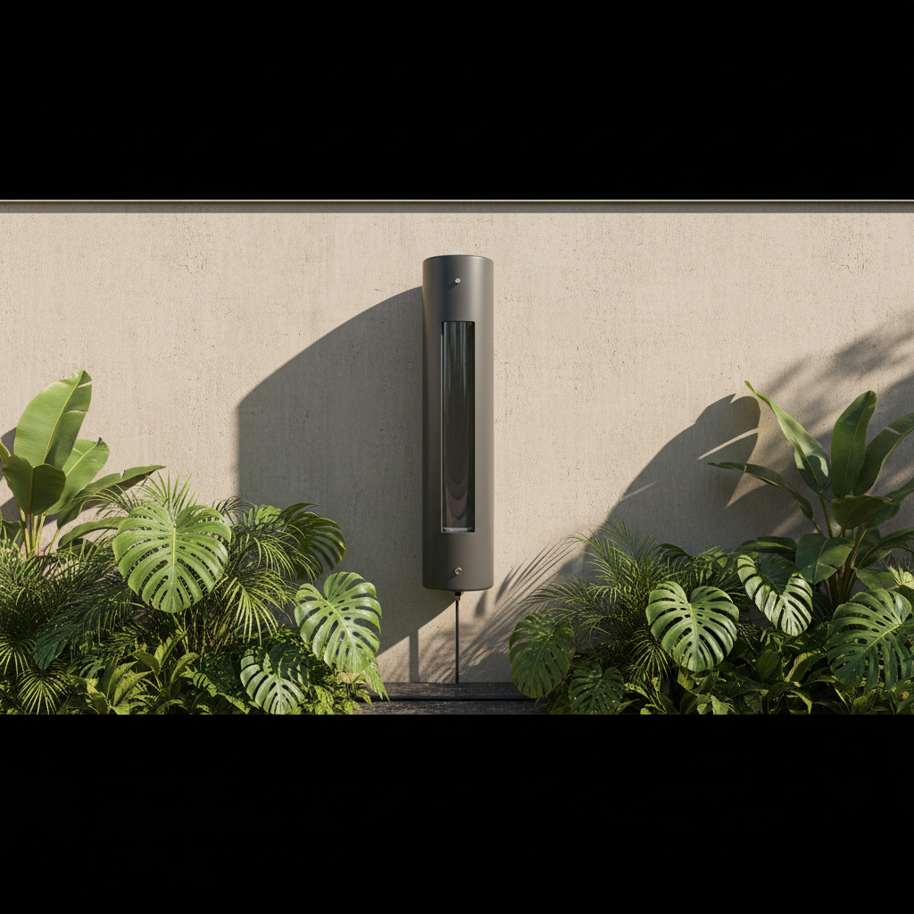 Cisterna residencial modular instalada em jardim residencial contemporâneo cercado por vegetação tropical.