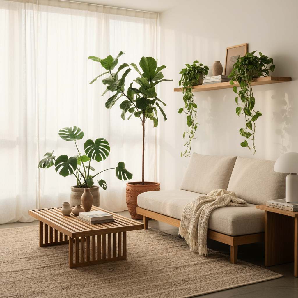 Sala de estar decorada com diversas plantas para dentro de casa bem iluminadas por luz natural através da janela.
