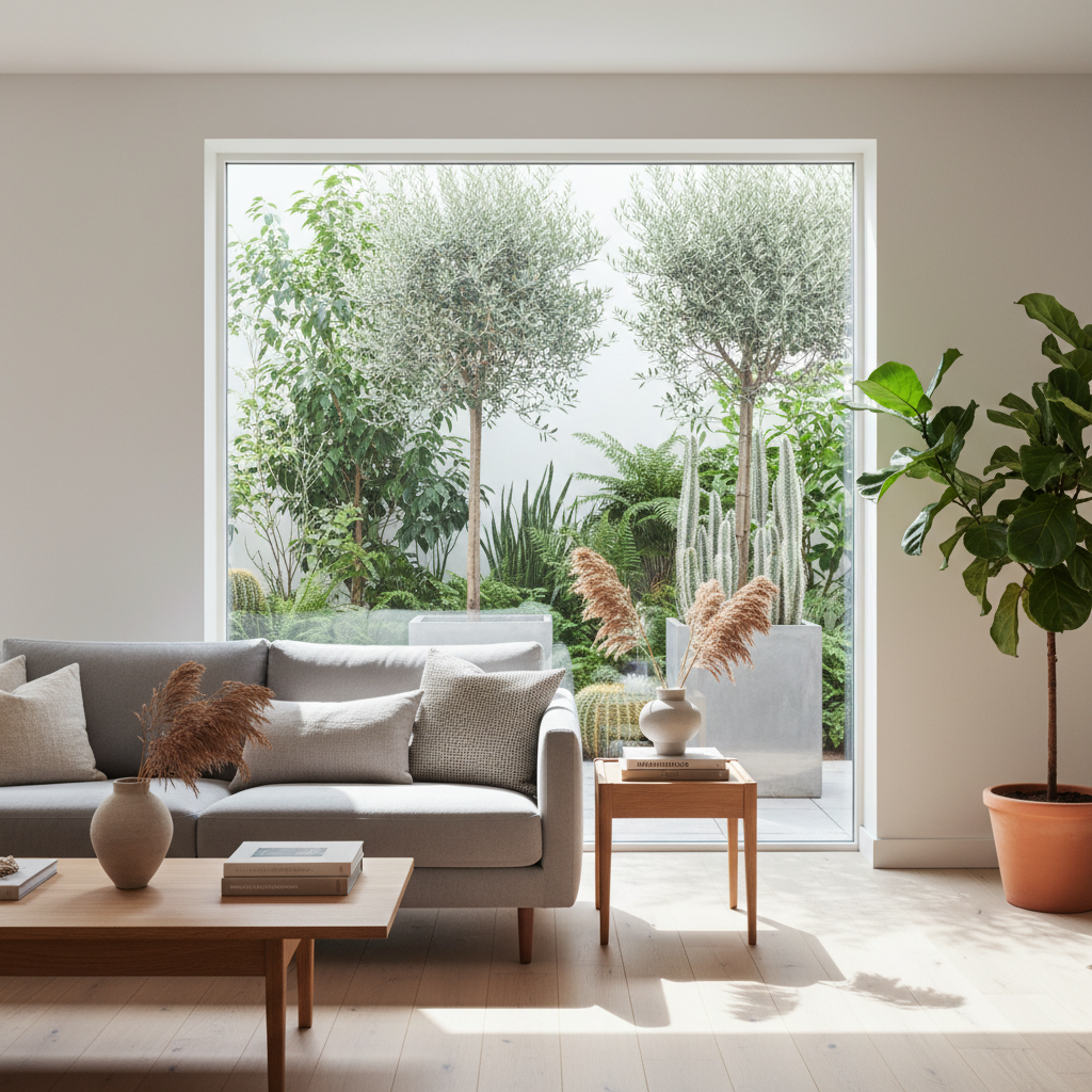 Sala de estar ampla e iluminada com paredes pintadas em tom off-white e decoração minimalista.