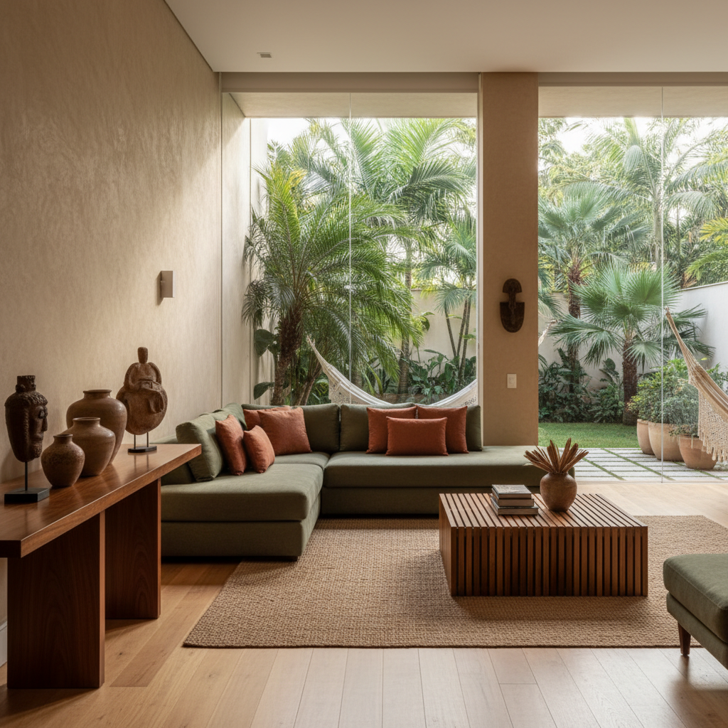 Sala de estar decorada com paleta de cores harmoniosa em tons terrosos, bege e verde-oliva com iluminação natural.
