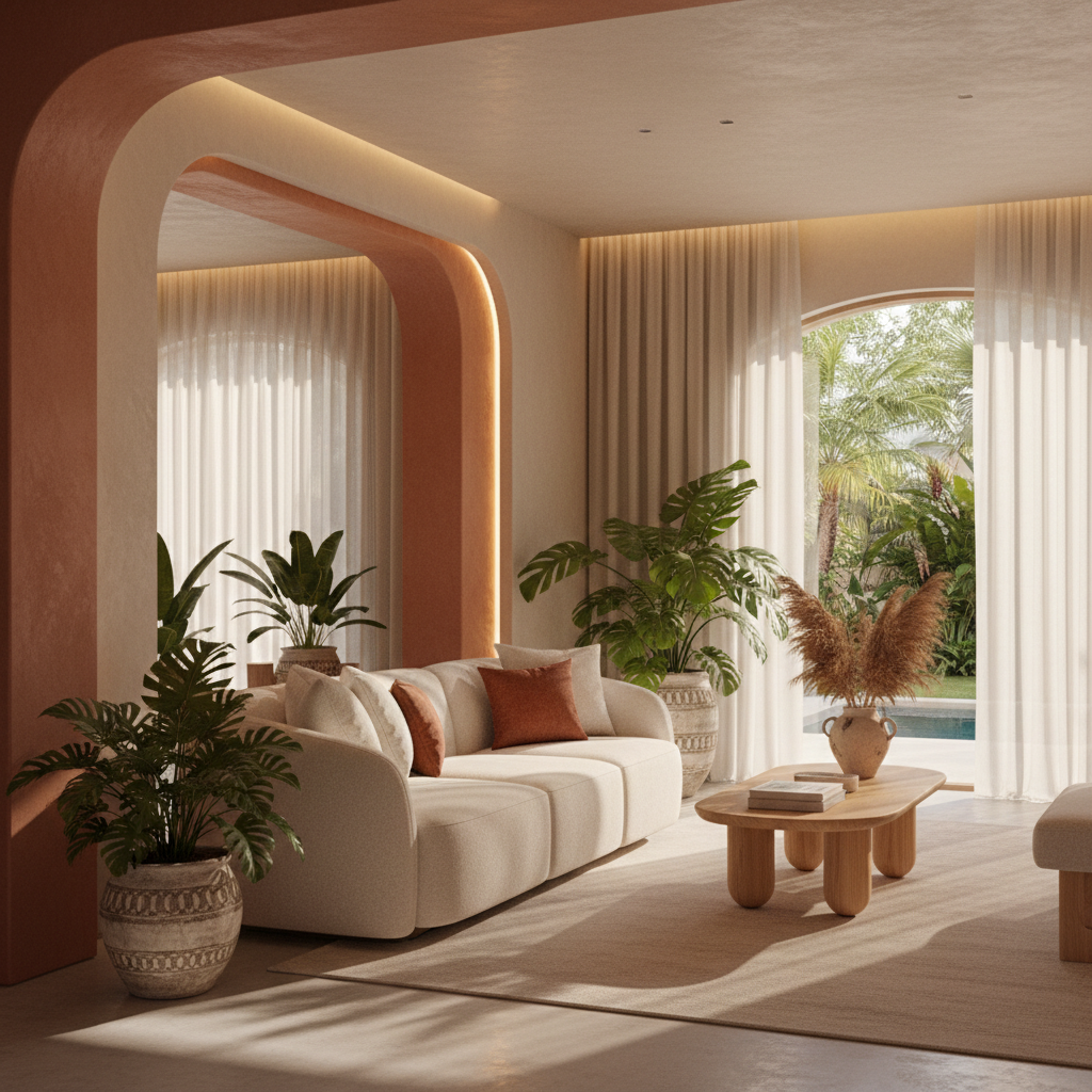 Sala de estar decorada com sofá curvo bouclé, tons terrosos e plantas, exemplificando tendências de interiores contemporâneas.