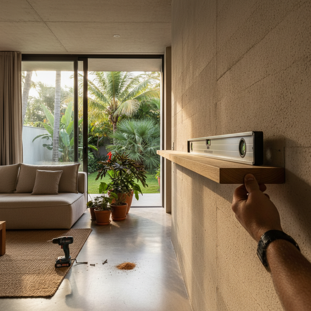 Pessoa medindo parede com nível para fazer furação precisa e instalar prateleira em casa.