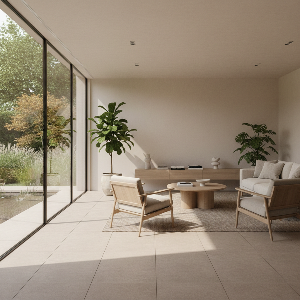 Sala moderna com piso de porcelanato acetinado em grandes formatos e iluminação natural abundante