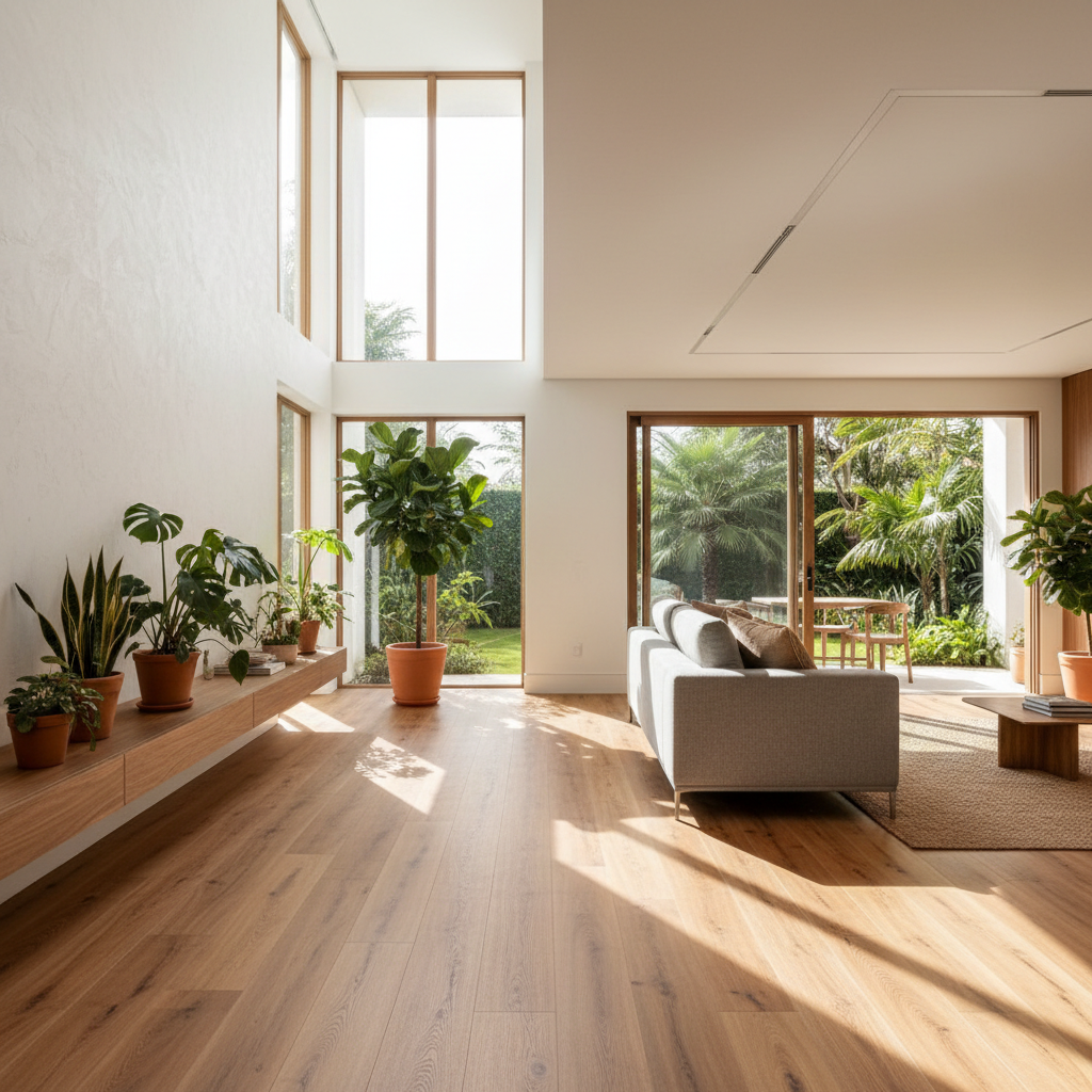 Sala moderna com piso vinílico amadeirado em tom de carvalho claro e iluminação natural.