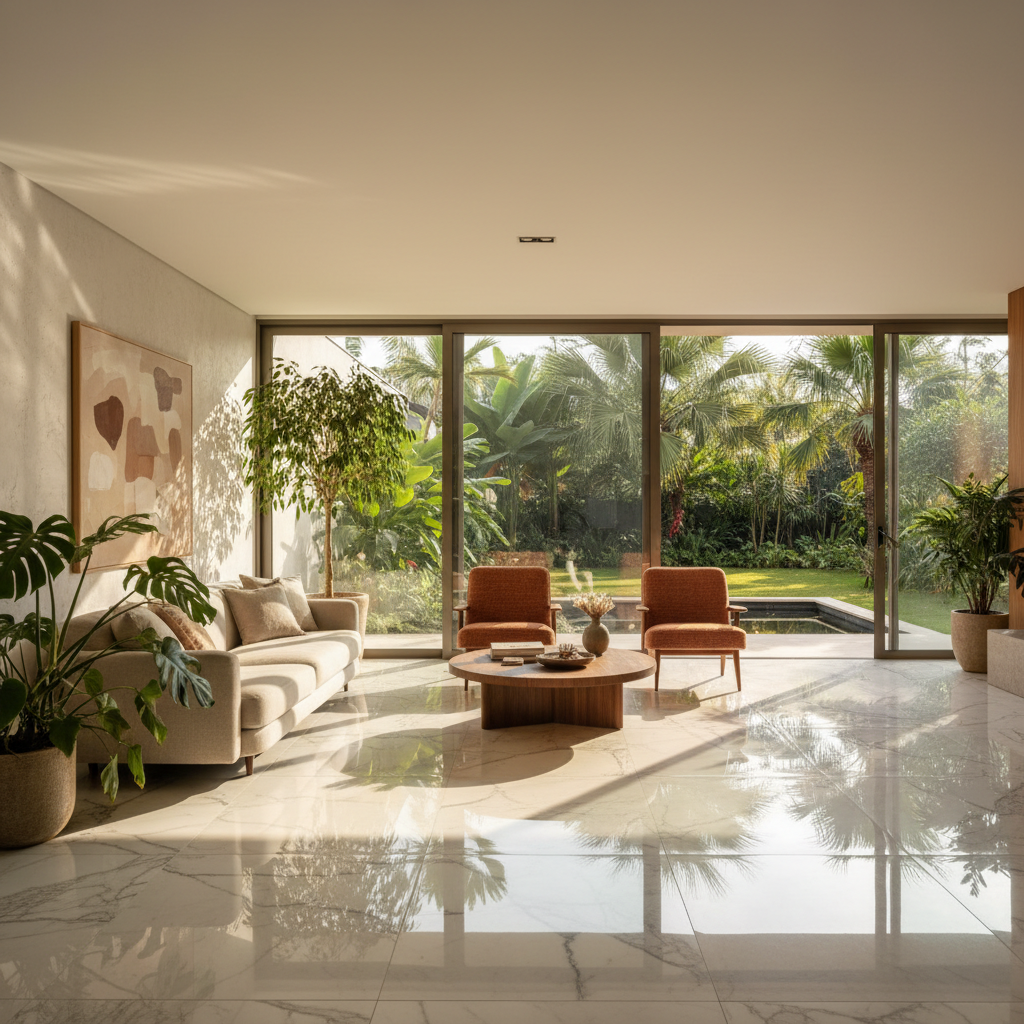 Sala de estar moderna com piso de porcelanato espelhado e iluminação natural acolhedora.