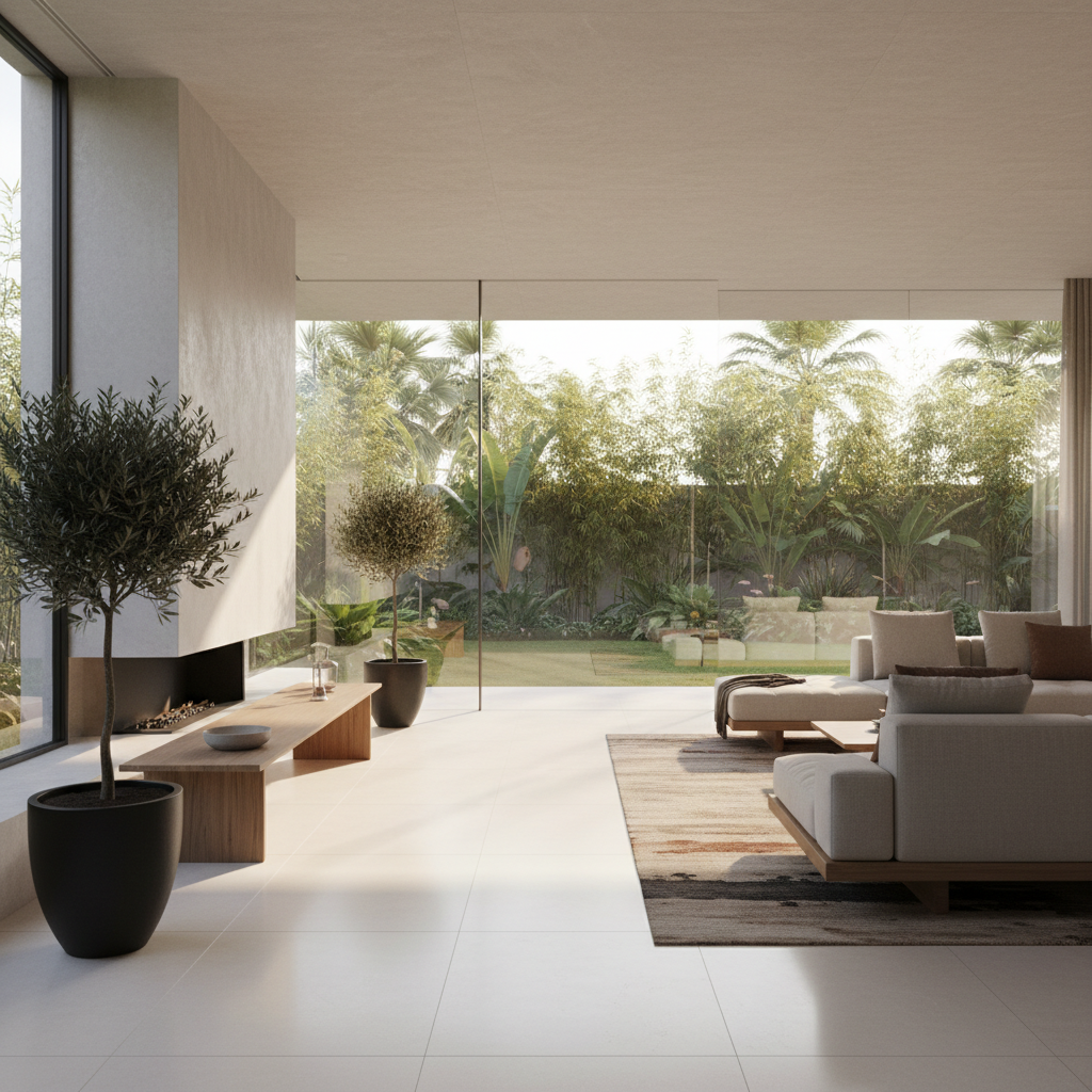 Sala moderna com piso de porcelanato retificado assentado com juntas finas e brilho espelhado.