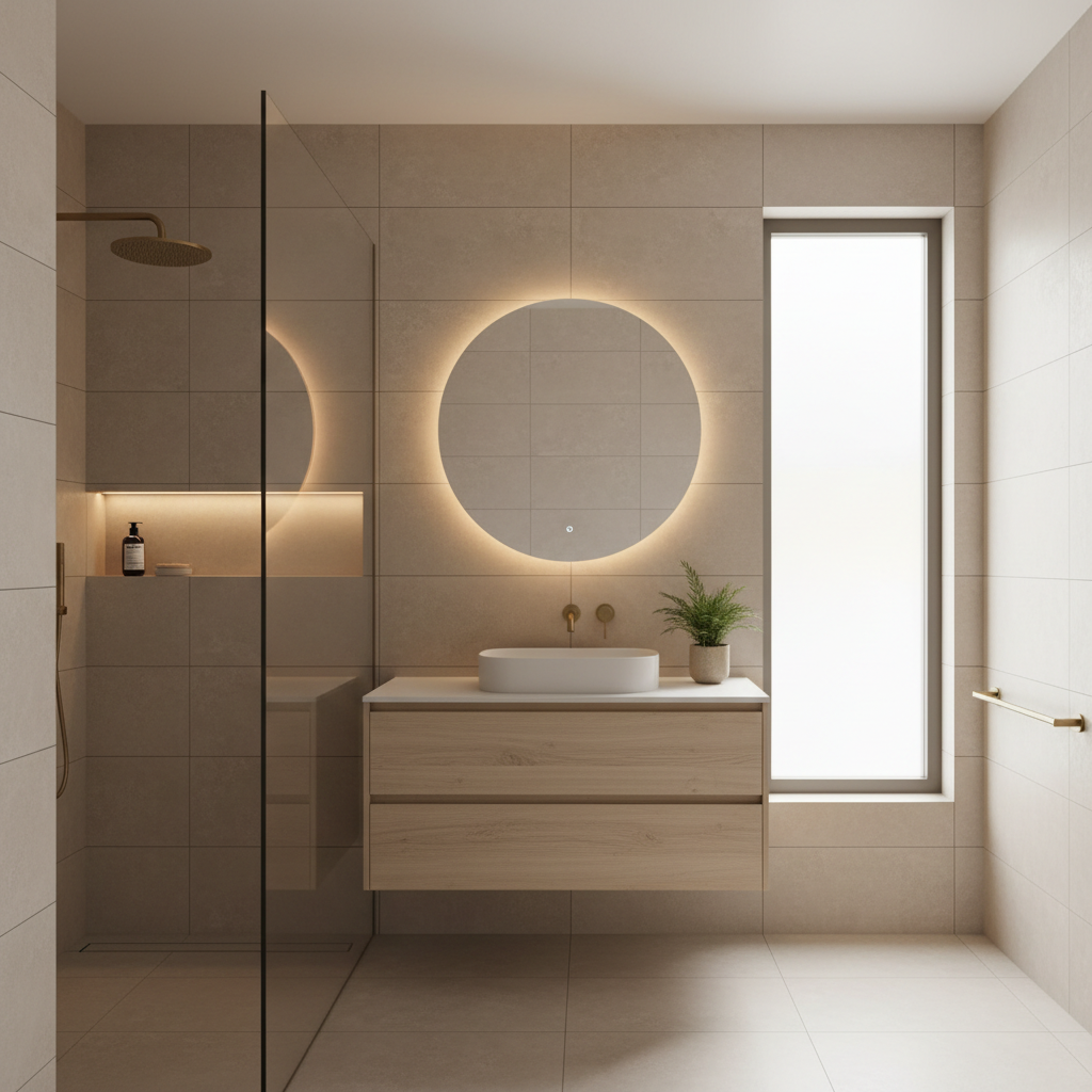 Banheiro moderno recém-reformado com bancada de madeira, porcelanato grande e iluminação embutida de LED.