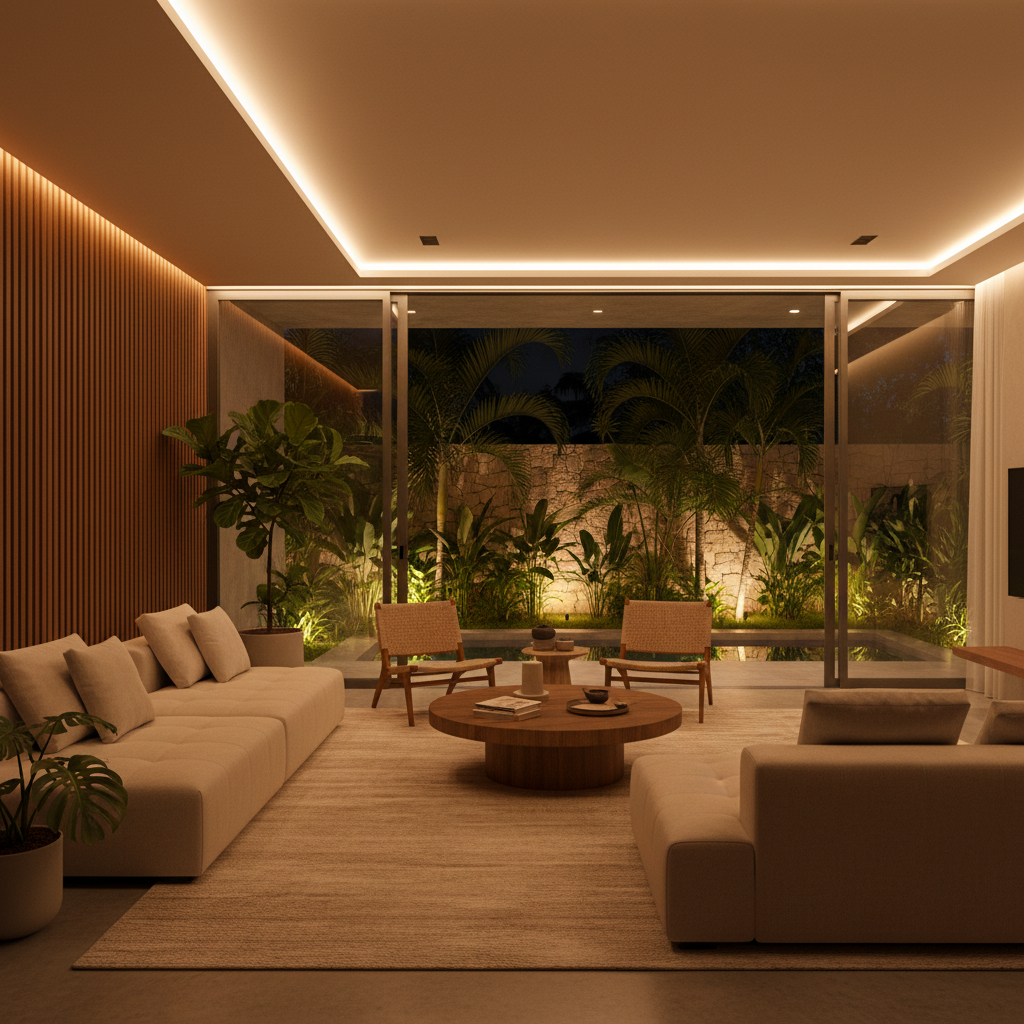 Sala de estar moderna com luz indireta embutida na sanca de gesso e painel de madeira