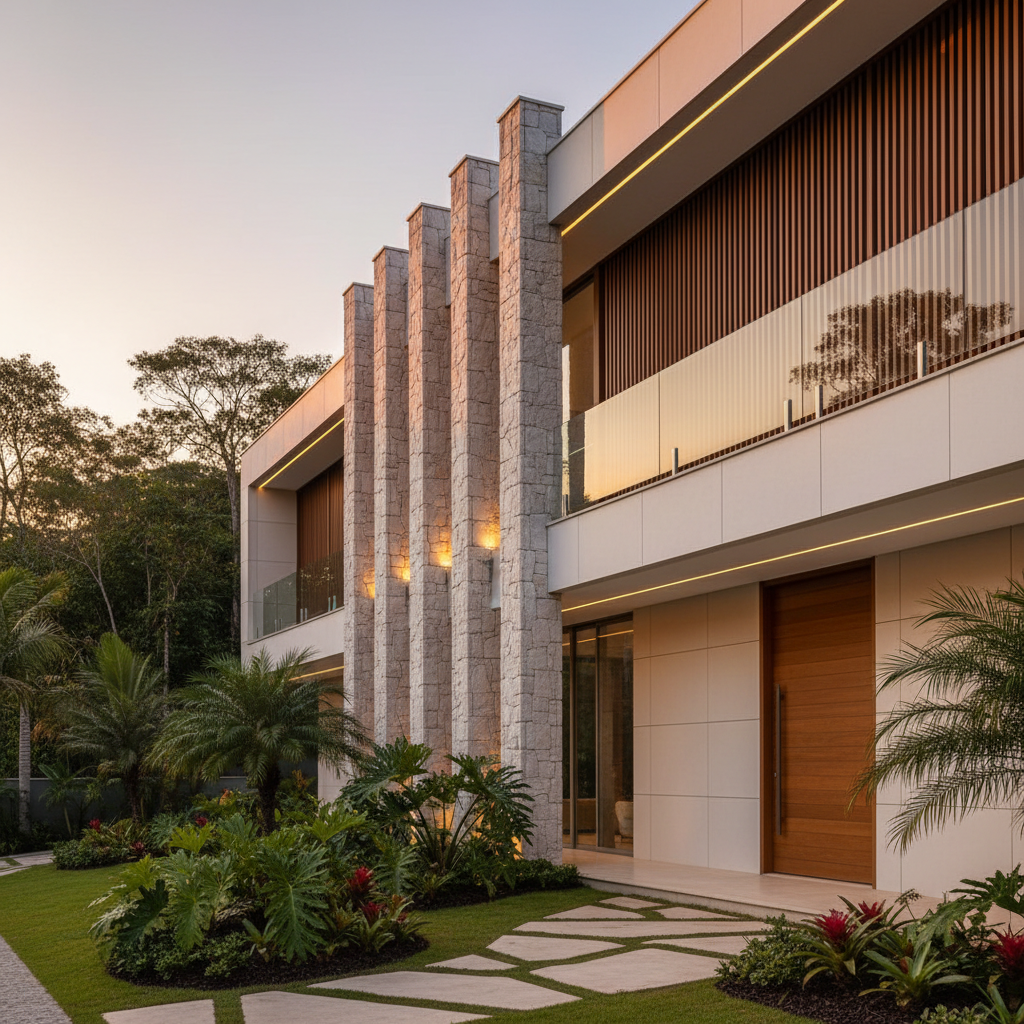 Fachada de casa moderna combinando revestimento de pedra natural, porcelanato de grande formato e detalhes amadeirados com iluminação cênica.