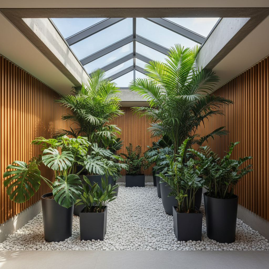 Jardim de inverno contemporâneo com diversas plantas tropicais como Costela-de-Adão e Zamioculca sob iluminação natural zenital.