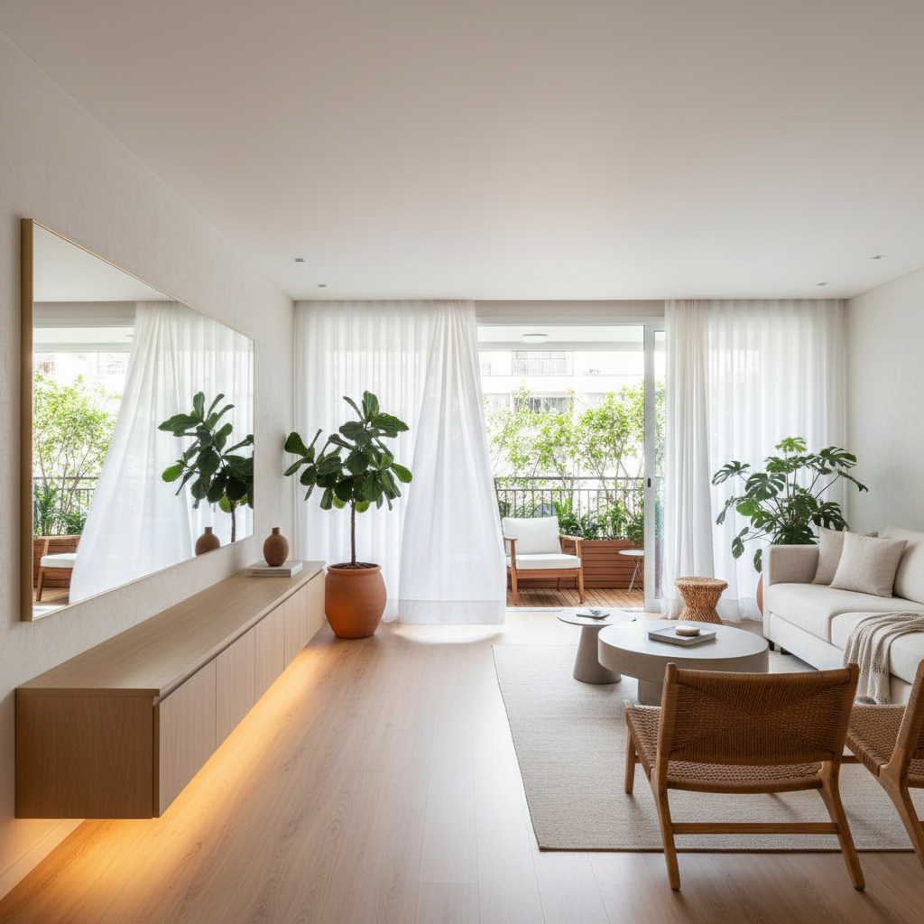 Sala de estar moderna e iluminada demonstrando técnicas de arquitetura para ampliar ambientes pequenos.