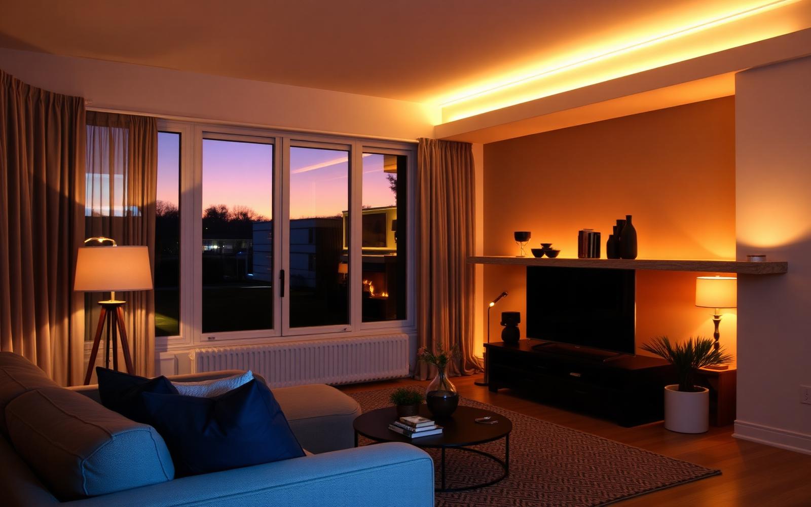 Ambiente de sala de estar com iluminação quente em 2700K, criando um clima acolhedor. Detalhe de luminária pendente com lâmpada LED acesa.