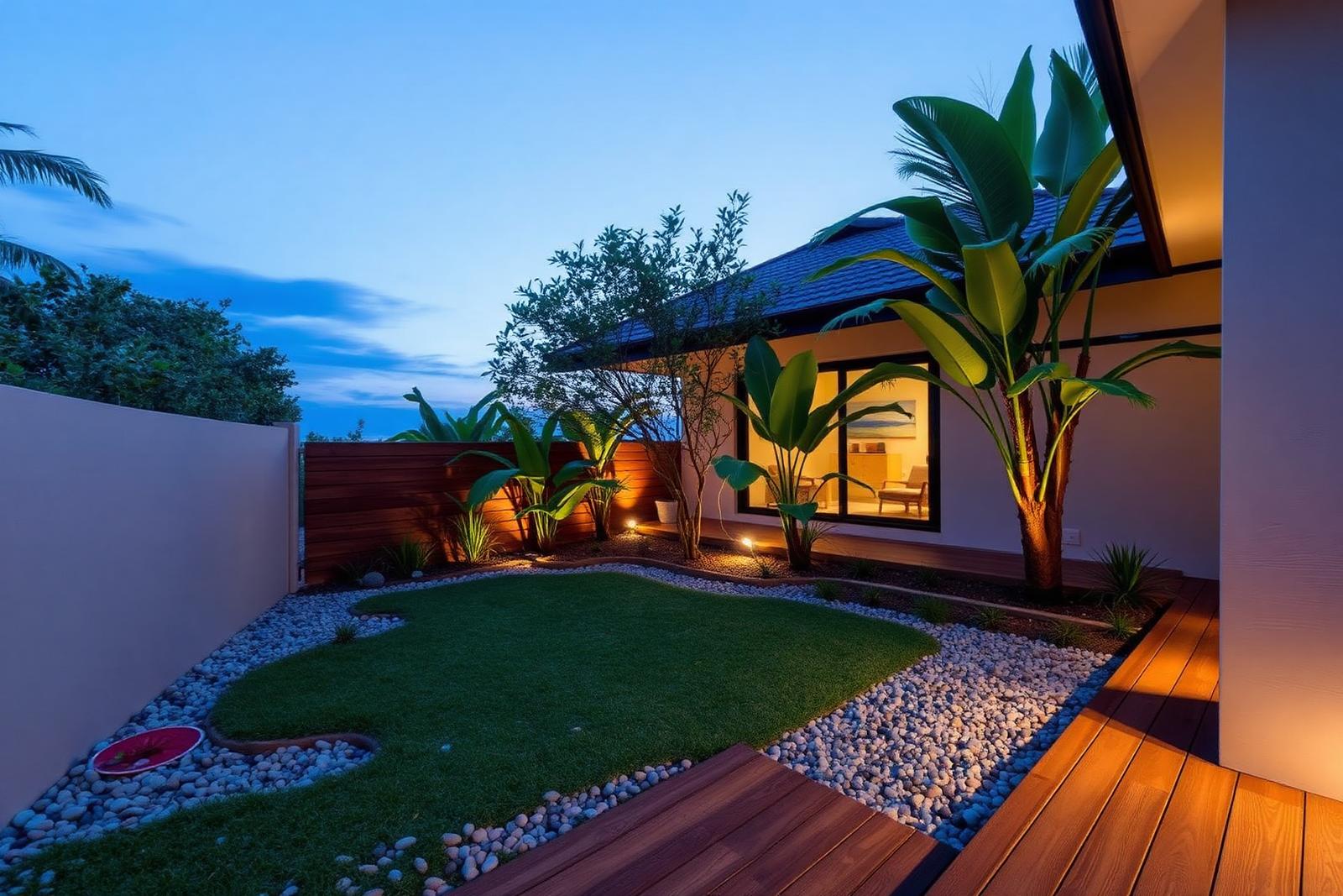 Jardim pequeno com deck de madeira, pedras e folhagens tropicais ao entardecer